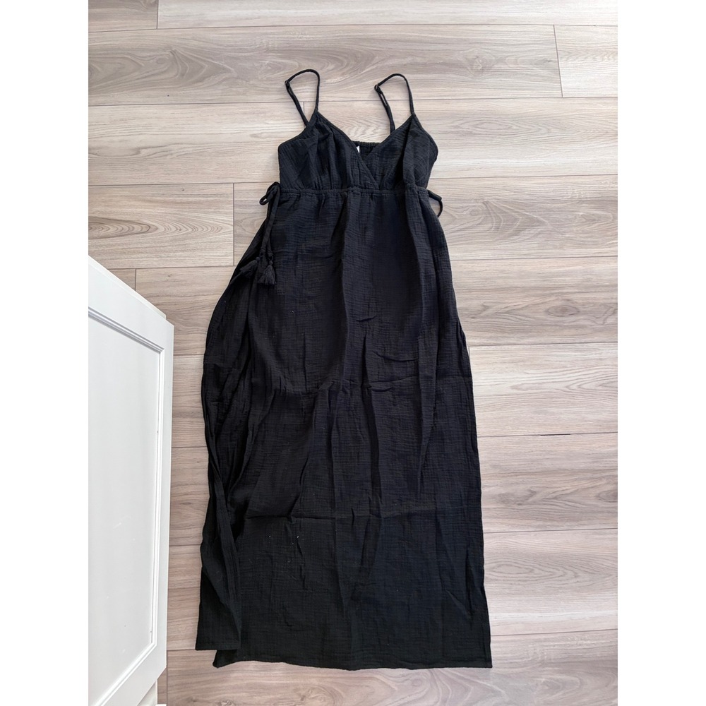 Xhilaration Black Gauze Maxi Dress Small Boho Tassel Side Tie Sleeveless V-Neck